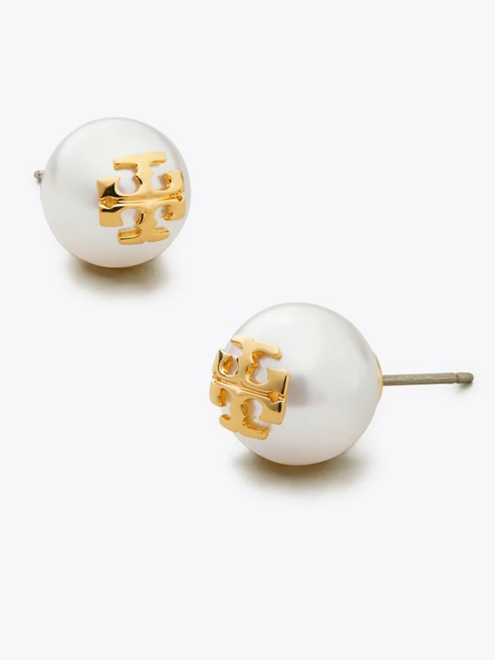 Tory Burch White Pearl Logo Stud Earrings